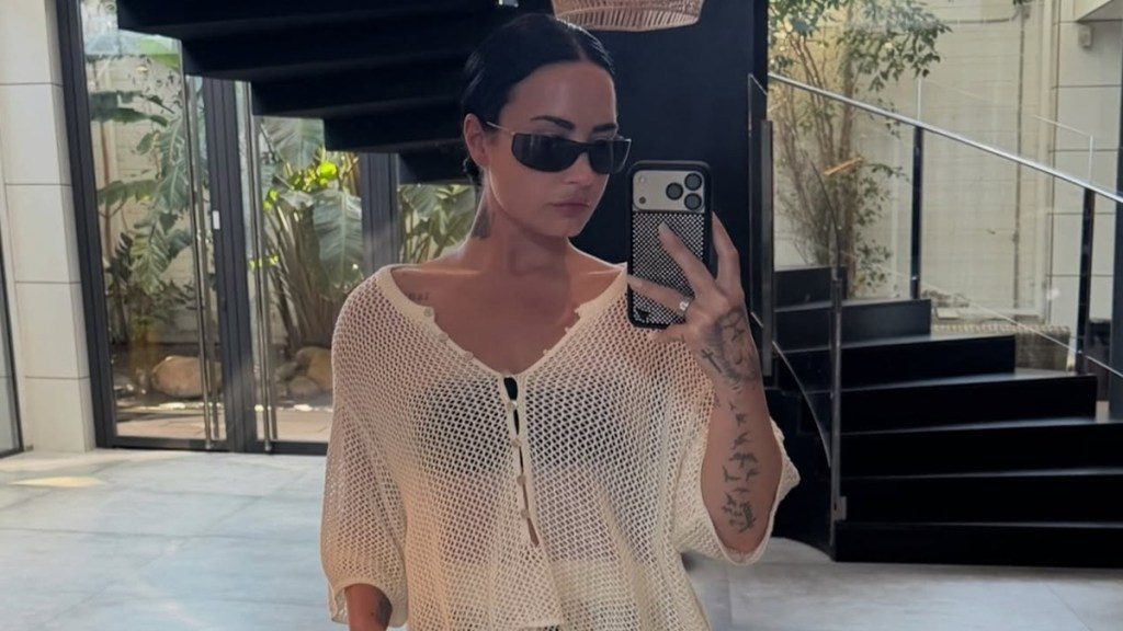 Demi Lovato Goes Fully Sheer in Strapless Top That Hangs Very Low