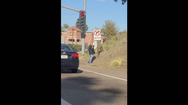 Watch A Boomer Try To Chop Down A No Right-On-Red Sign With World's Dullest Axe