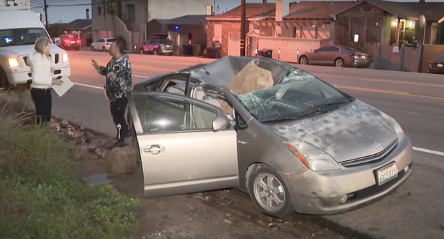 Man Barely Escapes Death When Four-Foot Boulder Lands on His Car