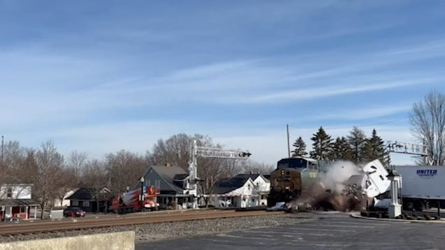 Watch A Freight Train Destroy A Semi Truck That Ignored Closing Barriers