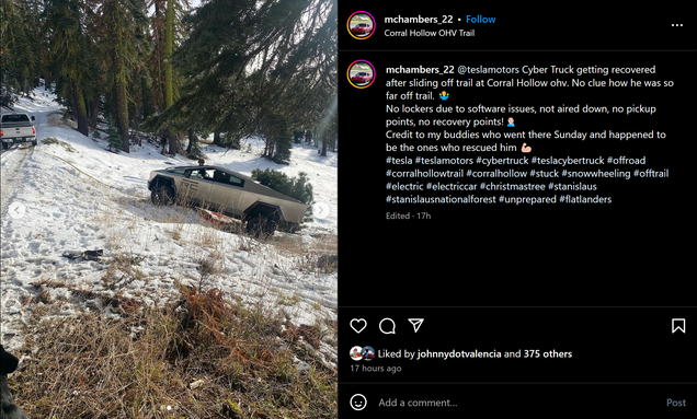 Watch A Cybertruck Fail To Negotiate Minor, Snowy Incline, Get Recovered By Ford Super Duty