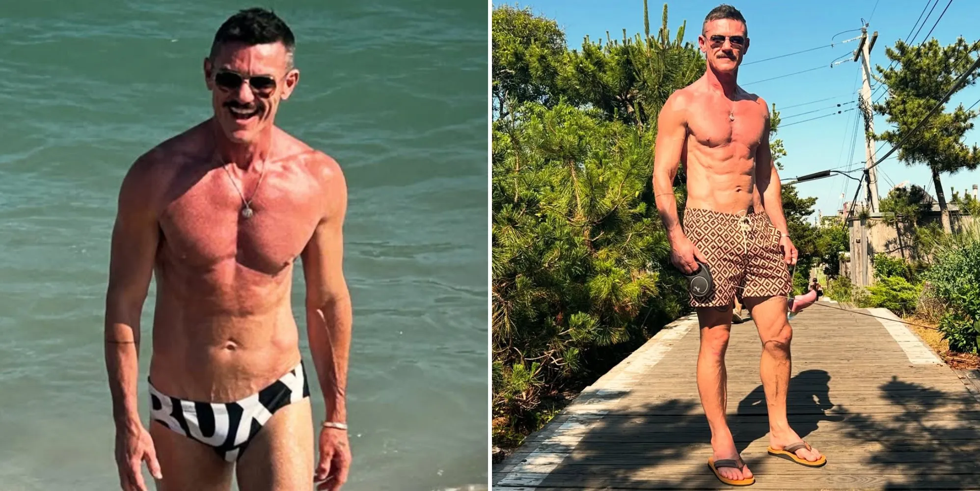 Luke Evans slips into tiny trunks on Fire Island as fans fawn over rippling abs