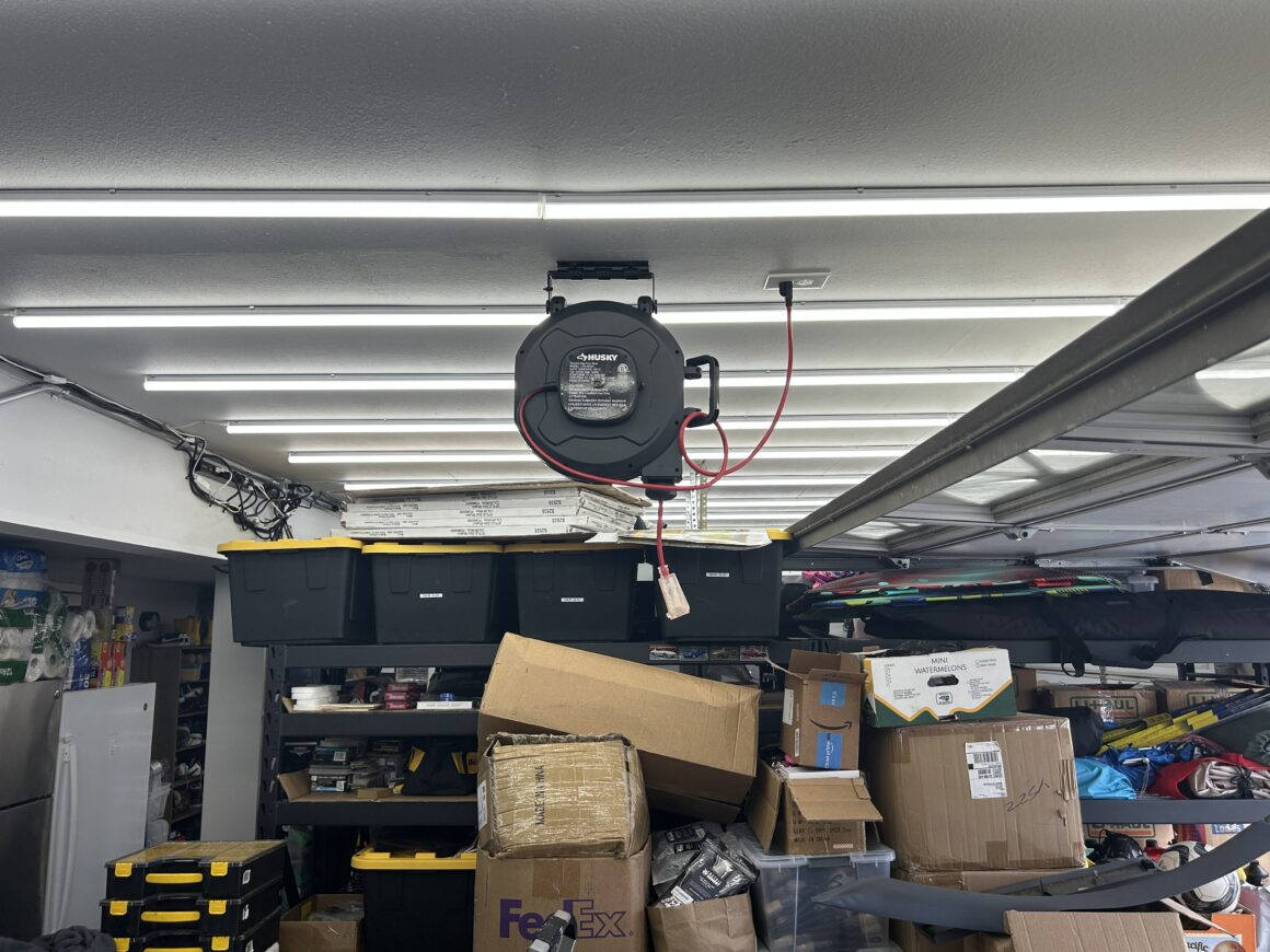 Ceiling-Mounted Retractable Power Cord In The Garage